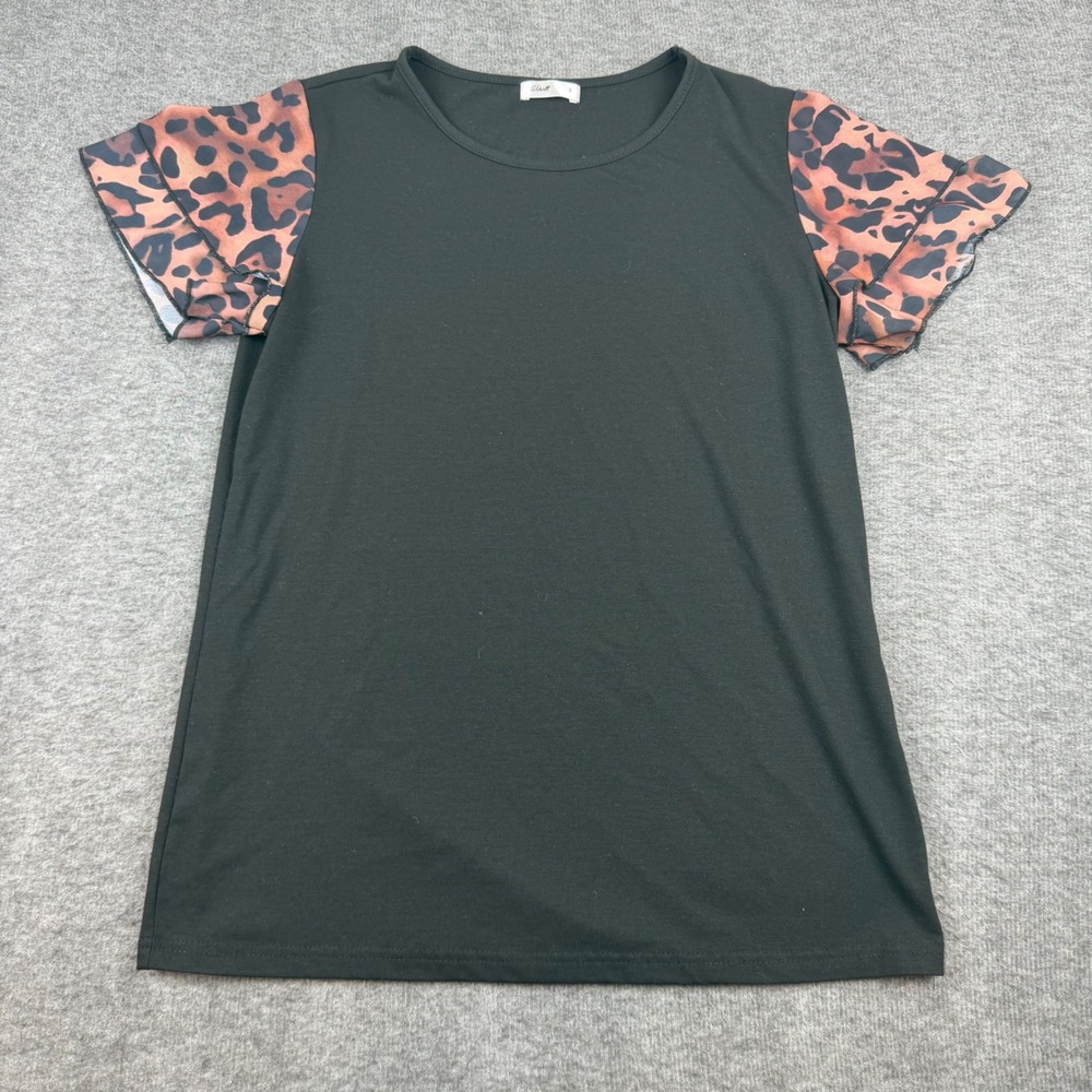 Wiholl Leopard Ruffle Sleeve Top Womens Small Black Animal Print Crew Neck Tee